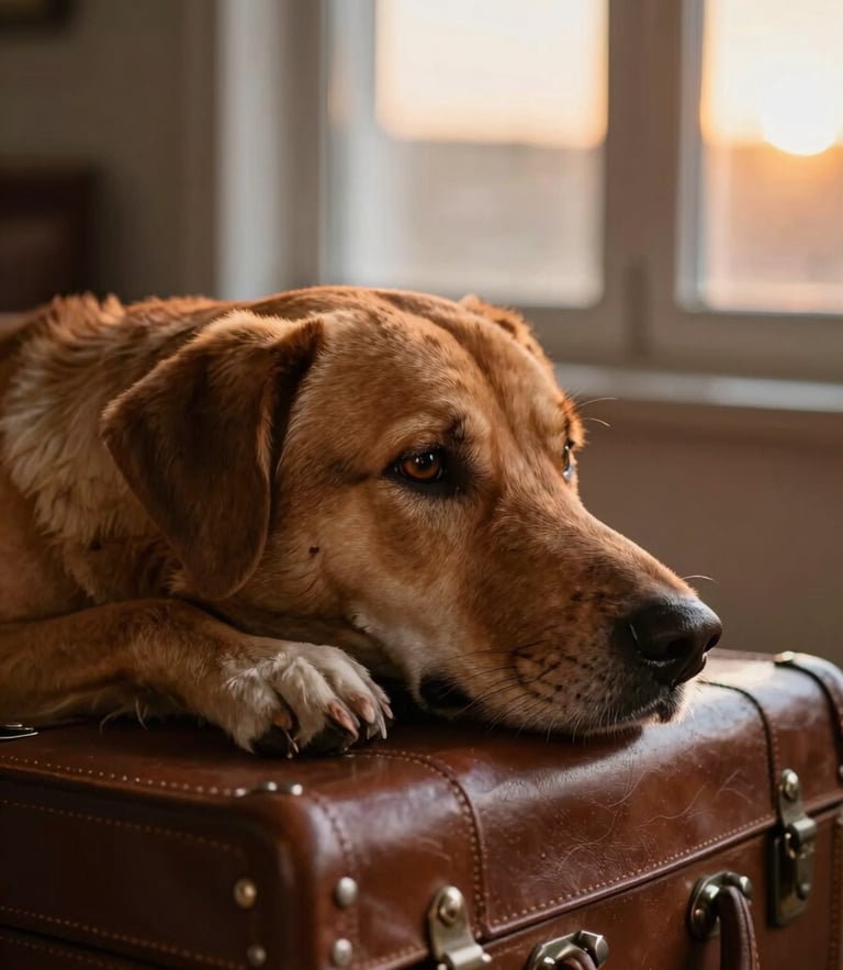 Un perro de perfil descansando su cabeza sobre una valija de cuero marrón, luz cálida de atardecer filtrándose por una ventana, enfoque íntimo a la altura de los ojos.