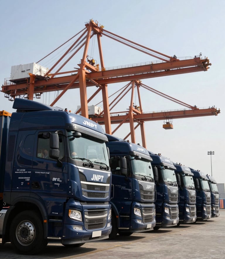 Low-angle heroic shot of deep navy blue container trucks lined up at JNPT port terminal under crisp daylight, massive cargo cranes in the background.
