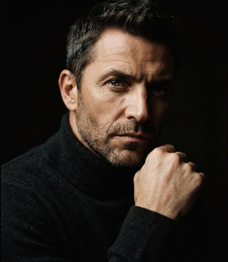 A crisp studio portrait with dramatic chiaroscuro lighting, sharp editorial style, deep rich tones, medium format lens depth of field