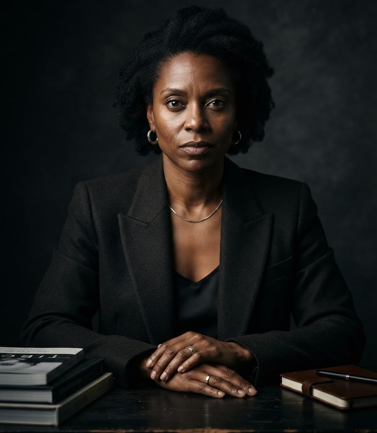 Sharp editorial studio portrait of a creative director, dramatic chiaroscuro lighting, deep shadows, crisp medium format lens