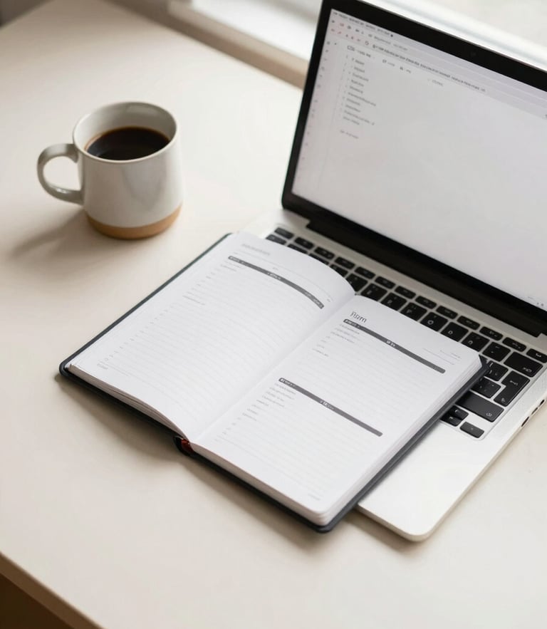 Overhead flat-lay of a sleek laptop displaying a clean digital planner, a ceramic coffee mug on a warm cream desk, bright natural window light, 35mm