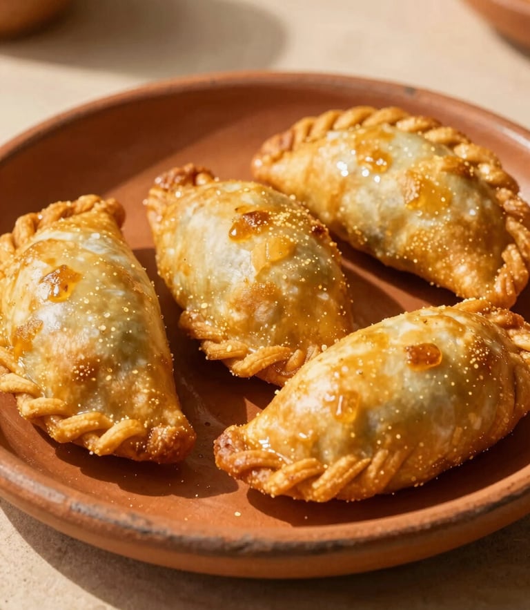Close-up of freshly fried golden Colombian empanadas served on a rustic clay plate, warm afternoon sunlight casting long shadows, 35mm photography
