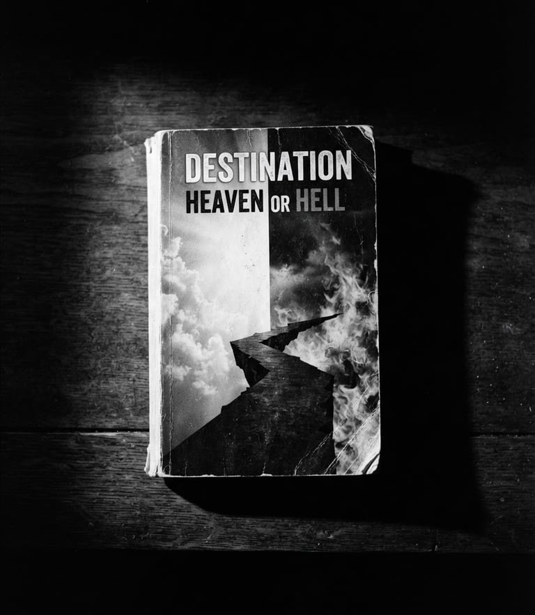 Dramatic high-contrast book mockup of Destination Heaven or Hell, sharp chiaroscuro lighting, deep side-shadows, stark black and white background, 35mm film grain.