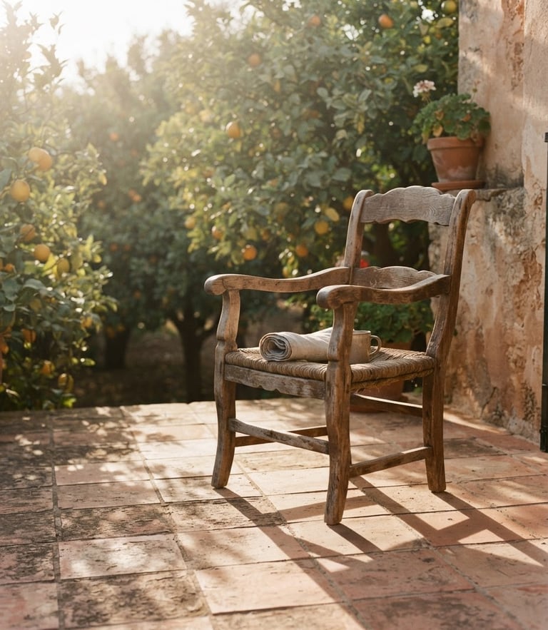 A wooden porch chair in warm golden hour light, long shadows on terracotta tiles, dusty citrus leaves in the background, 35mm film style