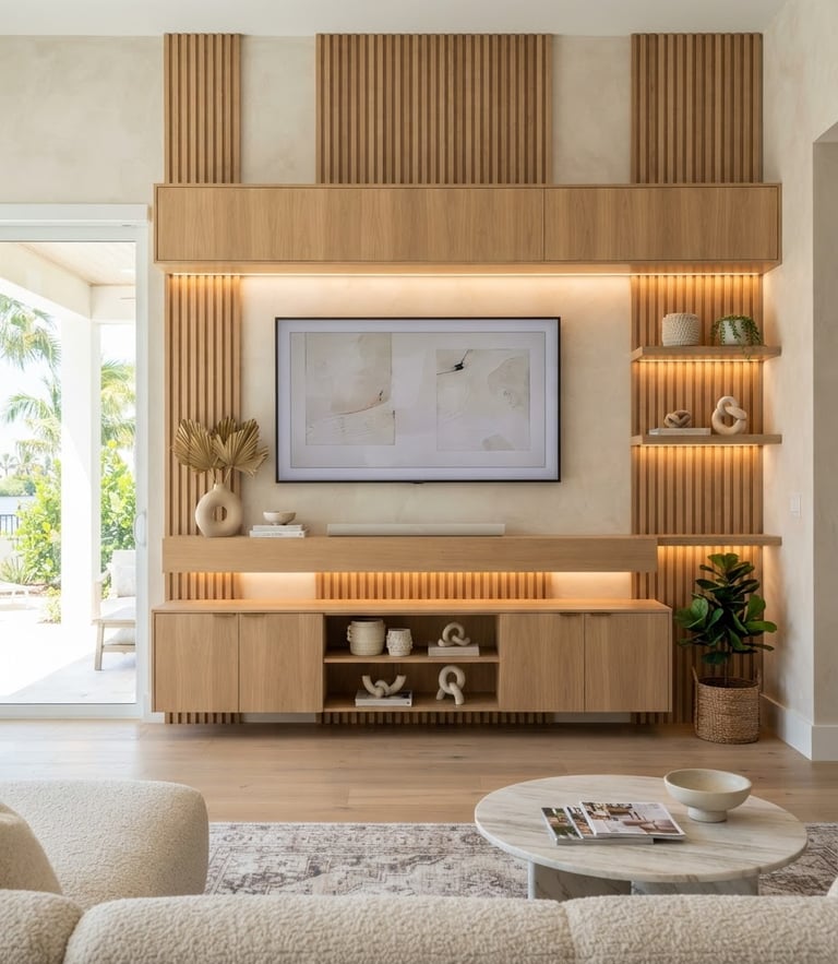 Straight-on architectural photography of a custom-milled oak wood slat media wall in a bright Sarasota living room, warm integrated LED cabinetry lighting, 35mm.