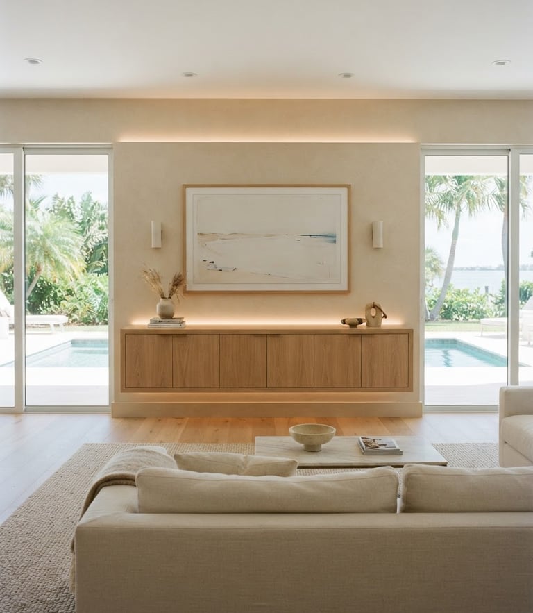 Straight-on architectural photography of a luxury living room in Sarasota, featuring a minimalist floating cabinet in white oak, soft coastal daylight, warm integrated LED glow, 35mm.