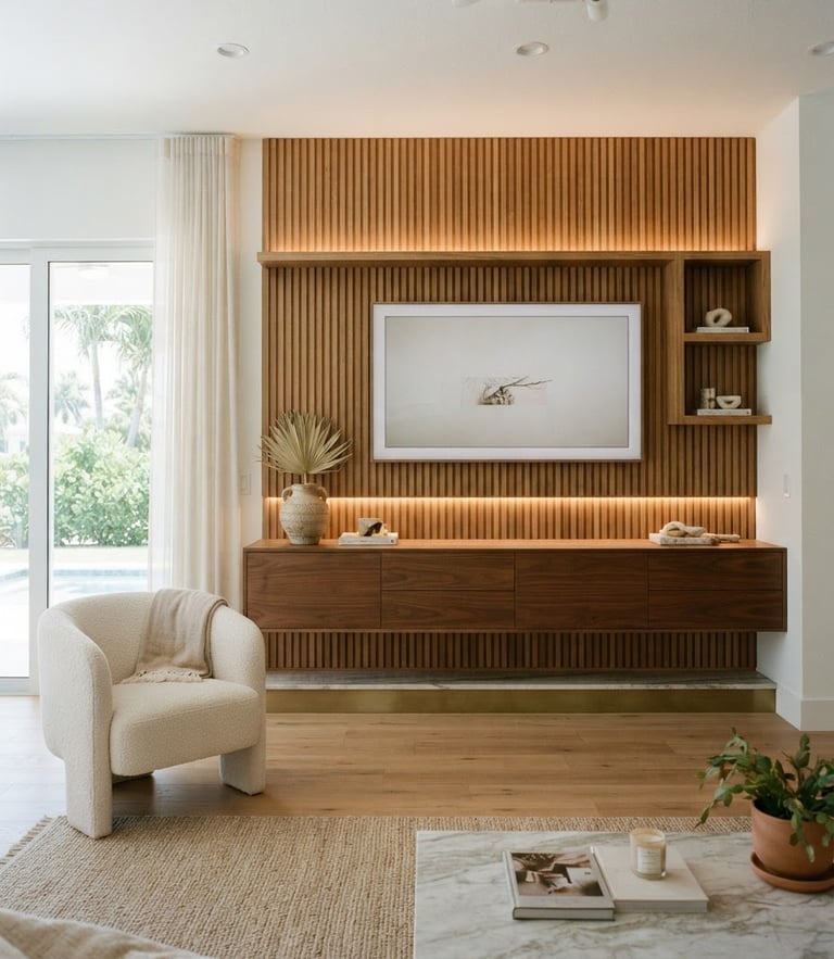 Straight-on luxury interior photography of a custom wood slat media wall in a Sarasota home, warm integrated LED lighting casting a soft glow on floating cabinetry, bright coastal daylight, 35mm