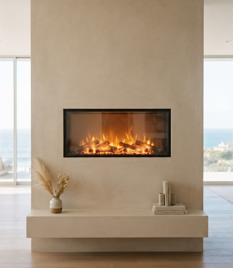 Straight-on architectural photography of a minimalist flush-mount electric fireplace glowing warm orange, integrated into a beige plaster media wall, soft coastal daylight, 35mm