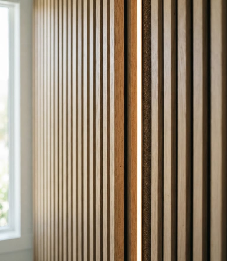 Close-up architectural detail of a custom white oak wood slat wall in a bright Sarasota home, soft coastal daylight, warm integrated LED glow, 35mm