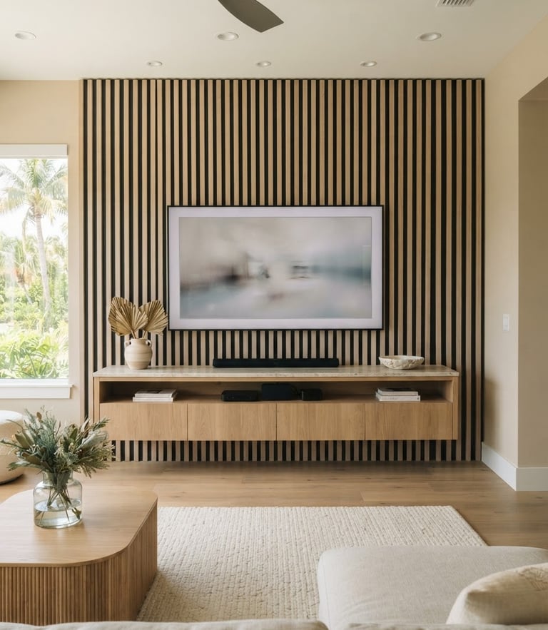 Straight-on architectural photography of a custom wood slat media wall in a Longboat Key home, warm morning light, luxury interior design, 35mm.
