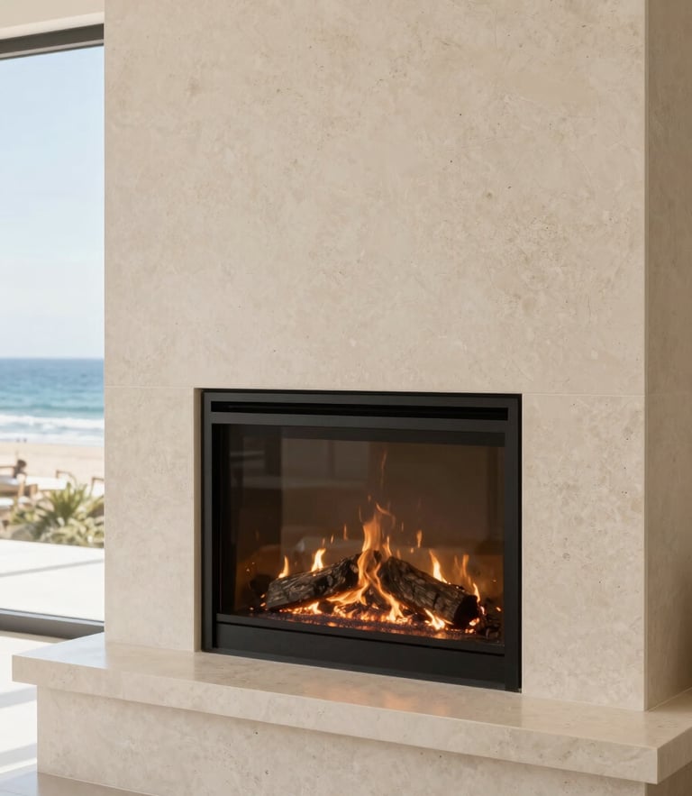 Close-up of a flush-mount fireplace integrated into a custom travertine media wall, glowing LED accent lighting, bright coastal daylight, 35mm.