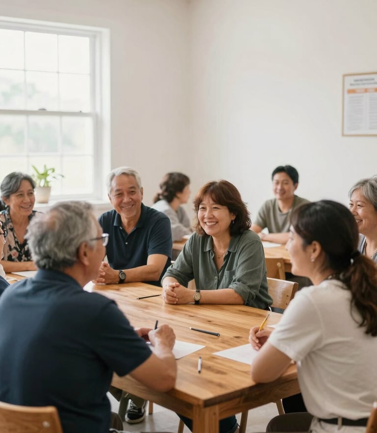 A friendly group of local adults sitting around a wooden table in a brightly lit community center room, smiling and talking during a mentoring session, soft natural daylight, warm approachable tones