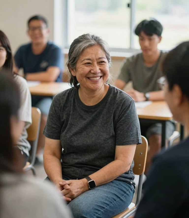 Candid medium shot of a local resident smiling warmly during a group discussion in a sunlit community center, soft natural daylight, warm approachable tones, 35mm lens