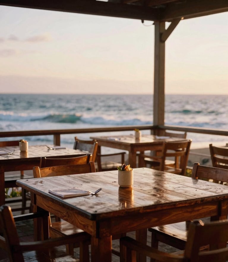 A portrait of the open-air dining deck at dawn, warm golden-hour sunlight reflecting off polished wooden tables, ocean waves in the background, 35mm