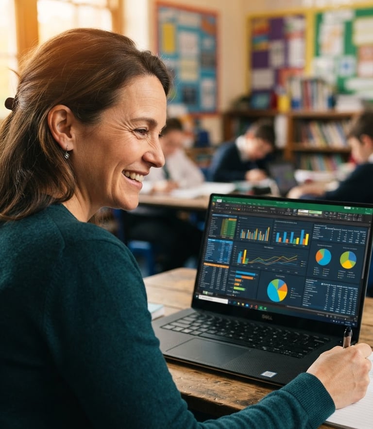 Close-up over-the-shoulder shot of a teacher smiling while looking at a vibrant Excel dashboard on a laptop, warm amber lighting, sharp focus, 35mm