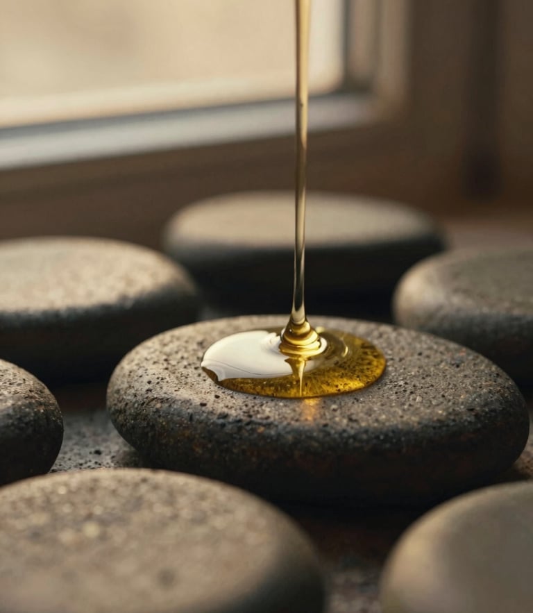 Macro close-up of warm golden oil trickling onto smooth basalt stones, soft shadows, warm golden-hour window light, rich muted earth tones, 35mm