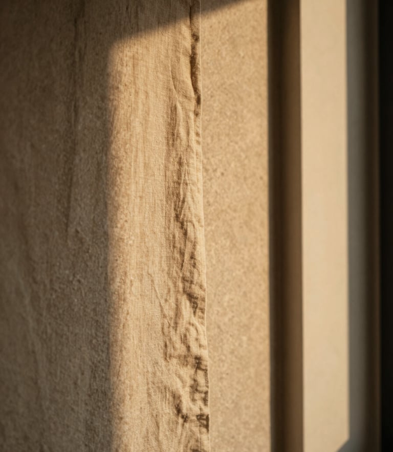 Macro detail of warm golden-hour light casting soft shadows on a minimalist textured stone wall with draped linen, shallow depth of field, warm editorial photography, 35mm