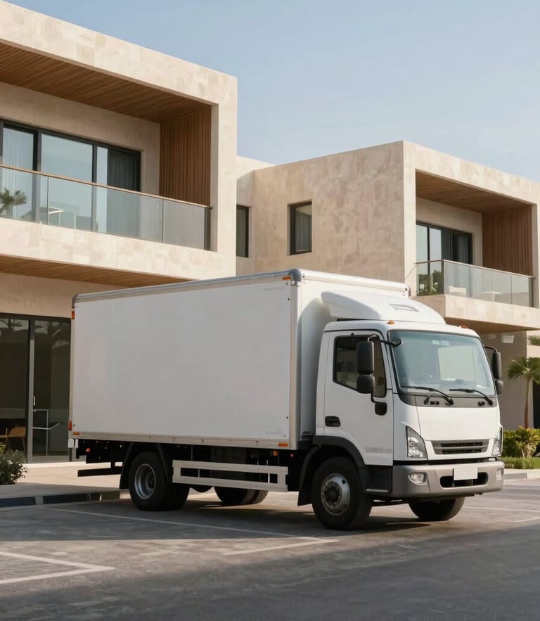 A premium closed-box transport truck parked outside contemporary Saadiyat Island villa architecture, bright morning UAE sunlight, clean composition with generous negative space