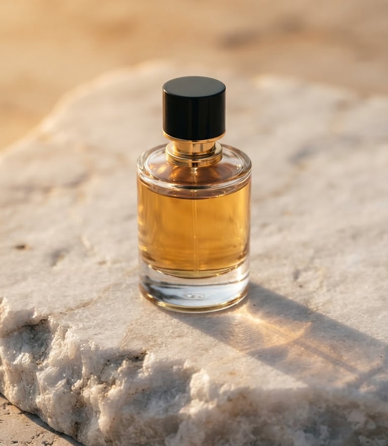 Macro premium shot of a sleek glass perfume bottle casting a sharp shadow on a white textured stone surface, warm golden hour light, 85mm lens