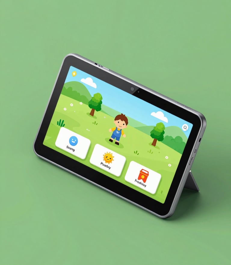 Isometric 3D render of an Android tablet displaying a colorful educational game, soft green and slate gray tones, crisp studio lighting