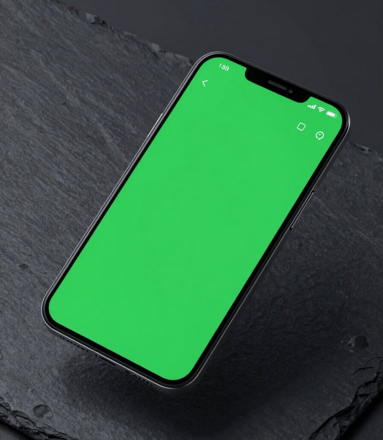 Isometric 3D render of a clean Android smartphone mockup floating over a dark slate surface, vibrant tech-green glowing accents on the screen interface, crisp studio lighting, sharp focus, high-contrast composition