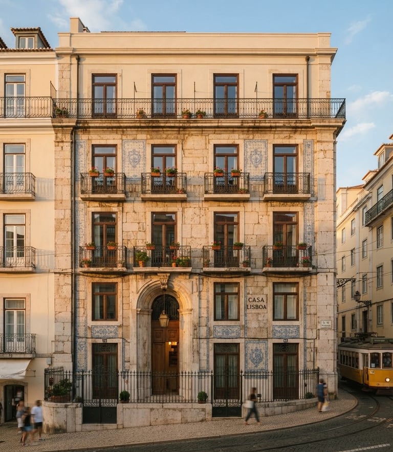 Warm editorial architectural photograph of a renovated historic building facade in Lisbon, golden-hour sunlight casting soft shadows on natural limestone, 35mm.