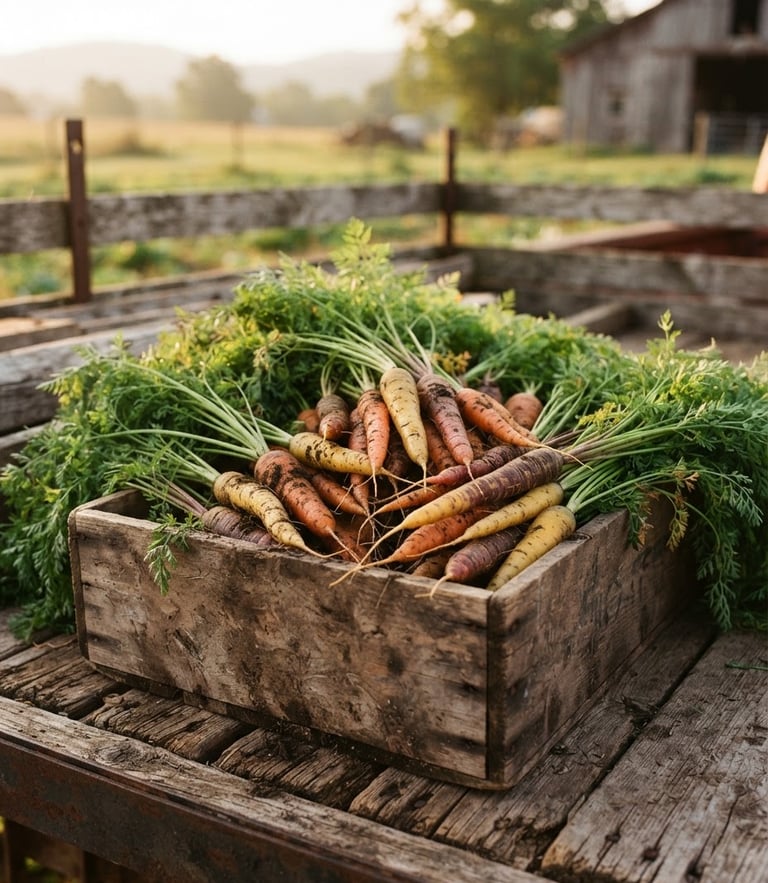Rustic editorial photography of a wooden harvest crate overflowing with freshly picked heirloom carrots and leafy greens, soil clinging to the roots, resting on a weathered flatbed truck under early-morning golden hour light, shallow depth of field.