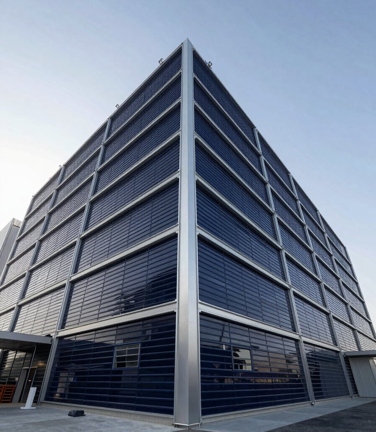 Low-angle architectural perspective of a modern steel-and-glass logistics terminal in Dubai, crisp daylight, silver highlights, deep navy shadows.
