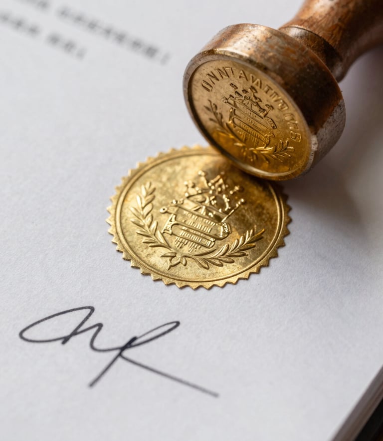 A macro close-up of an official document with an embossed gold seal and ink signature on heavy textured paper, bright natural daylight