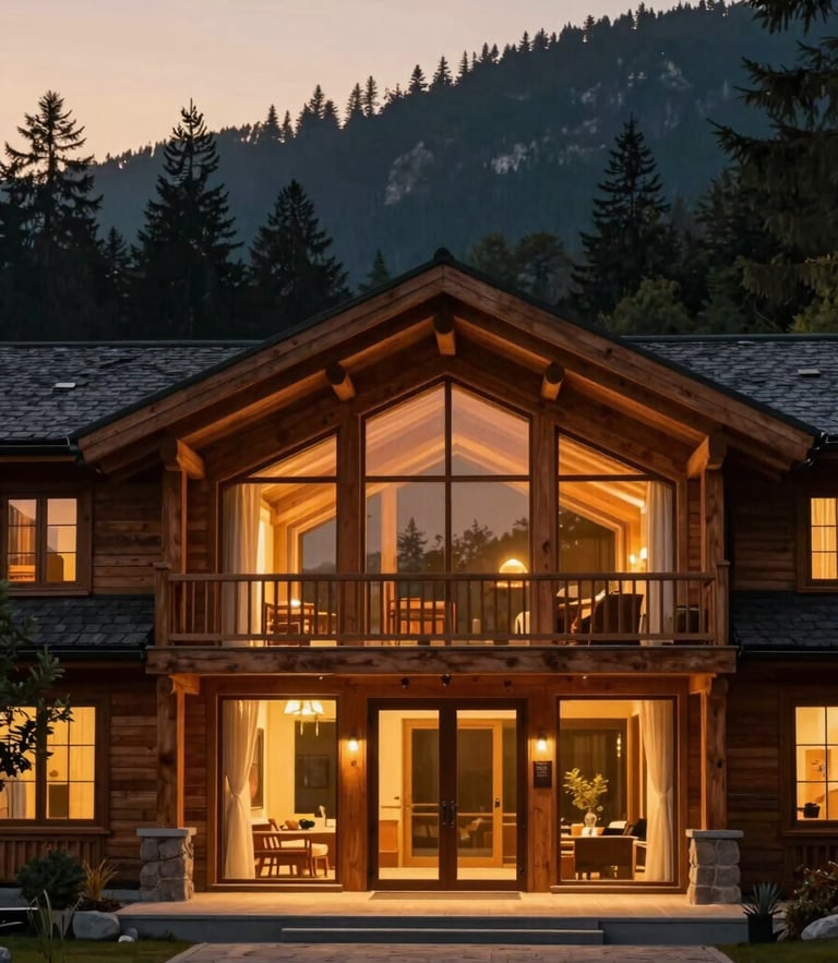Warm twilight architectural photograph of a luxury mountain cabin entrance, soft glowing light from floor-to-ceiling windows, forest silhouette