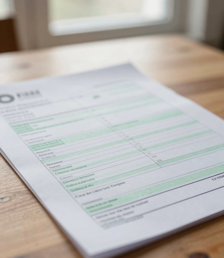 Close-up of a paper utility bill with neat green pen markings on a wooden desk, bright natural window light, shallow depth of field, 35mm.