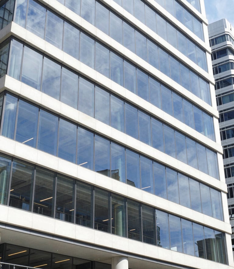 Bright modern commercial building exterior in Sydney, clean glass facade, professional architectural style, daylight
