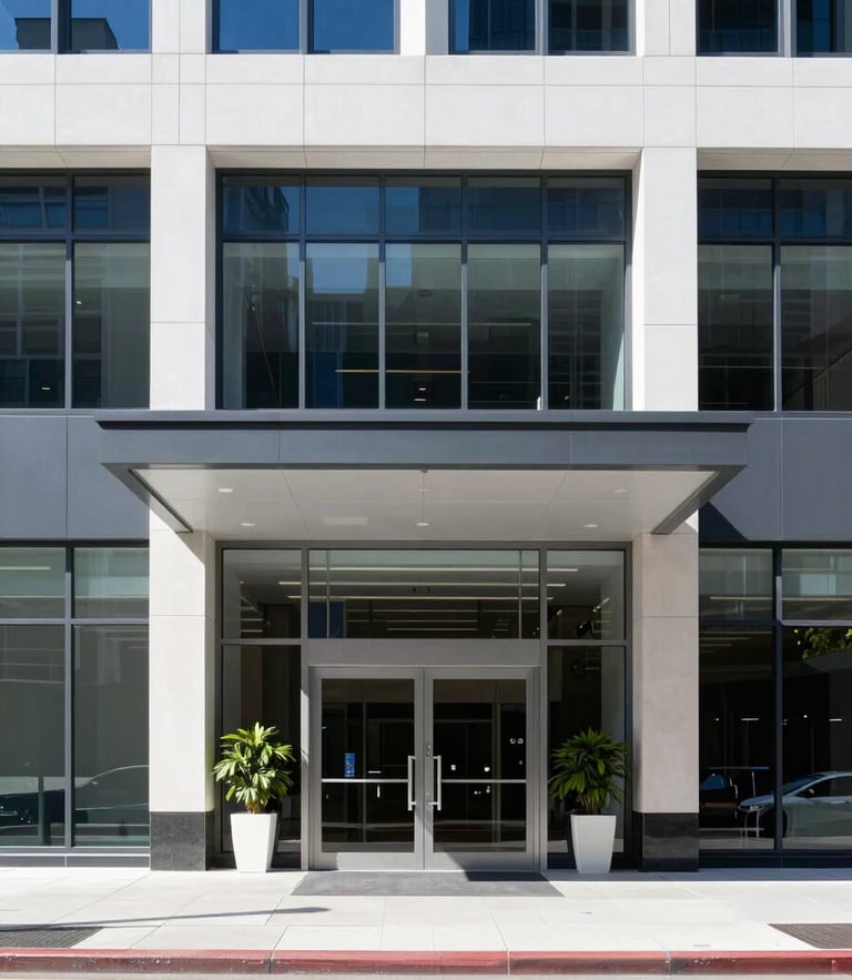 Straight-on architectural shot of a modern clean commercial building entrance in Sydney, bright natural daylight, corporate blue tones.