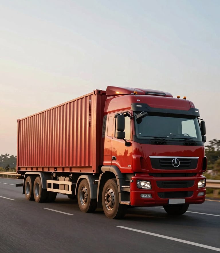 Low-angle powerful shot of a modern multi-axle crimson container truck in motion on a clean Indian national highway during golden hour, sharp focus, cinematic lighting.
