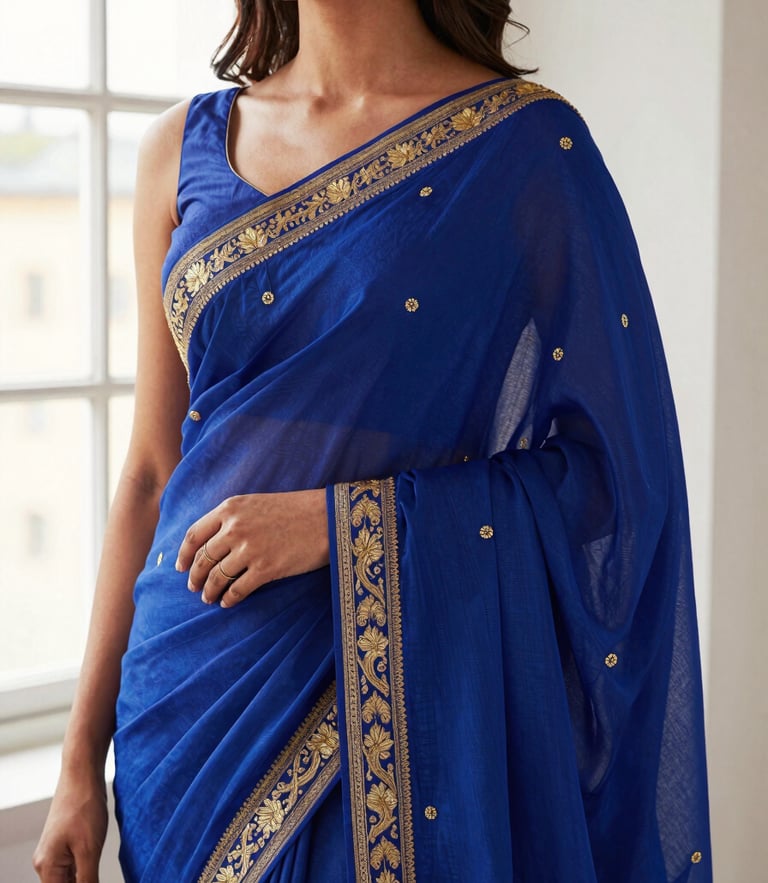 Elegant close-up of a woman in a royal blue saree with gold embroidery, soft Stockholm window light, highlighting fabric drape and texture