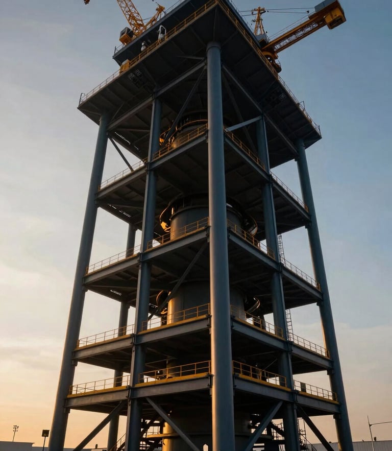 Dramatic low-angle view of a massive steel superstructure under a golden hour sky, cranes in negative space, highly detailed cinematic architectural photography