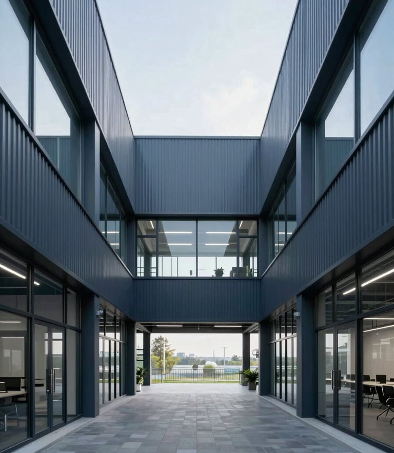 Symmetrical architectural crop of modern industrial workspace with clean lines and cool daylight, 50mm lens