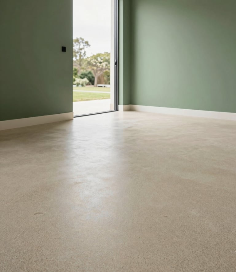 Low-angle architectural photograph of a residential garage with a flawless, dust-free grey epoxy flake floor, soft natural overcast daylight pouring through the open door, Scandinavian style, minimalist clean interior