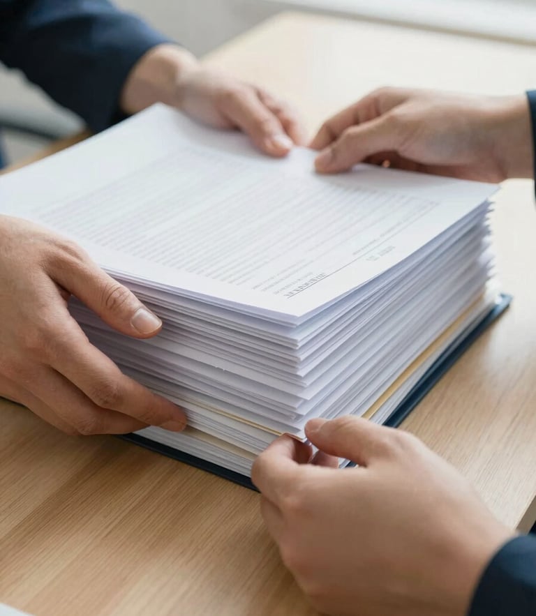 Close-up of hands organizing structured files and receipts on a clean wooden desk, soft overcast daylight, shallow depth of field, 35mm