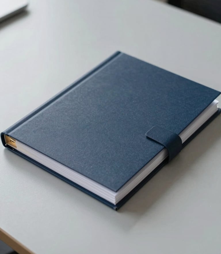 Overhead flat-lay of a structured paper dossier on a clean slate gray desk, soft overcast daylight, shallow depth of field, 35mm