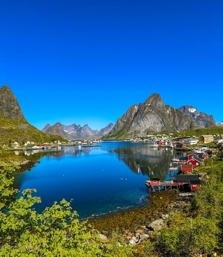 anoramic view of Reine and fjords from Reinebringen, near Maritime Munchies fish and chips - Lofoten