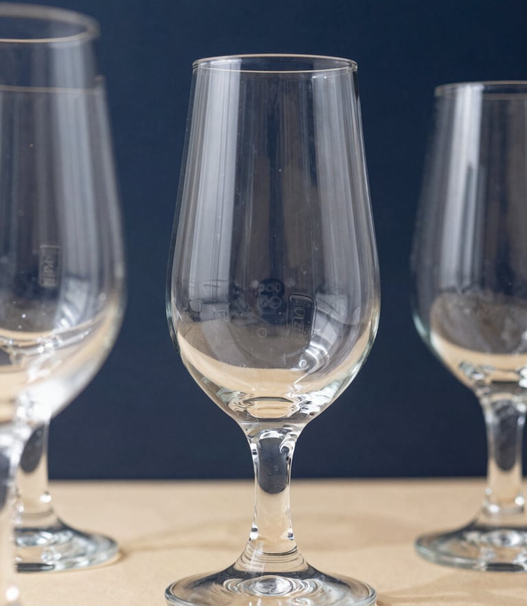 Sharp close-up of premium tempered glassware catching bright natural daylight, highlighting clarity and official manufacturer stamps, deep navy background, 50mm lens