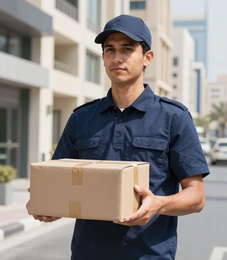 Professional courier in a clean navy uniform holding a secure package under bright natural daylight in a modern Dubai street, 35mm crisp commercial photography