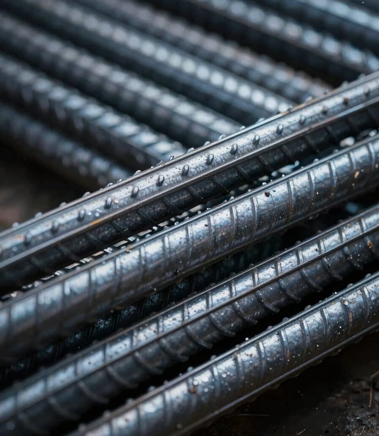 Extreme close-up of stacked heavy-gauge steel reinforcement bars, cold metallic tones, sharp macro details, low-key dramatic lighting