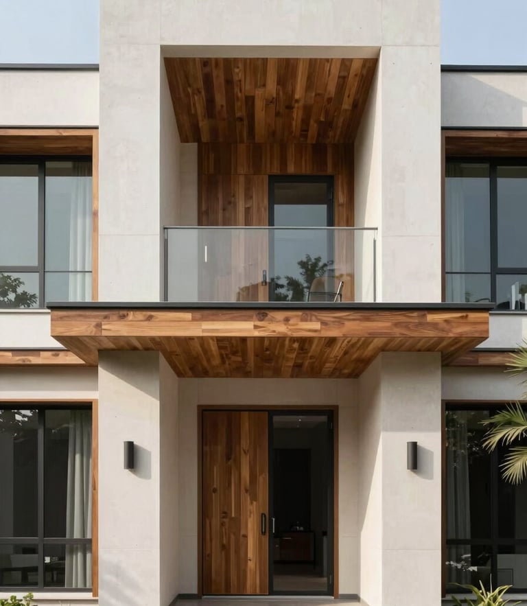 Symmetric architectural composition of a modern luxury villa facade in Noida, bright natural daylight, clean lines, concrete and warm timber details, 35mm lens