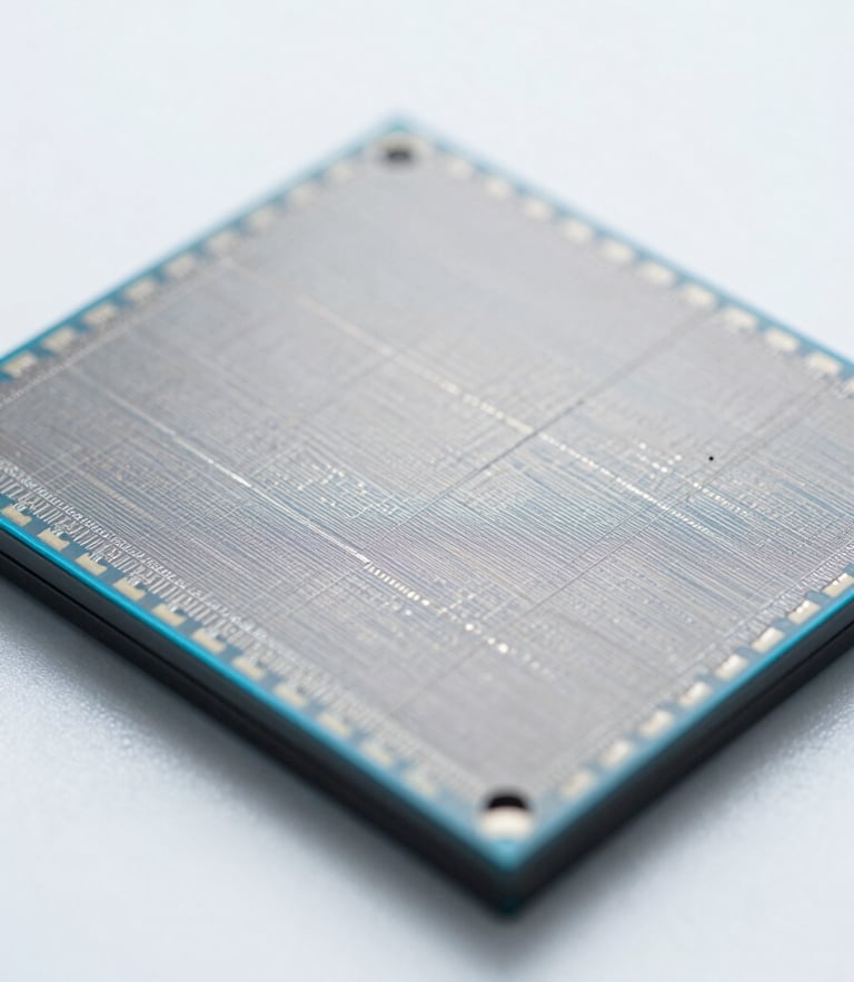Extreme macro photography of a silicon wafer micro-structure, crisp clinical white lighting, subtle metallic reflections, high-magnification electron microscope aesthetic.