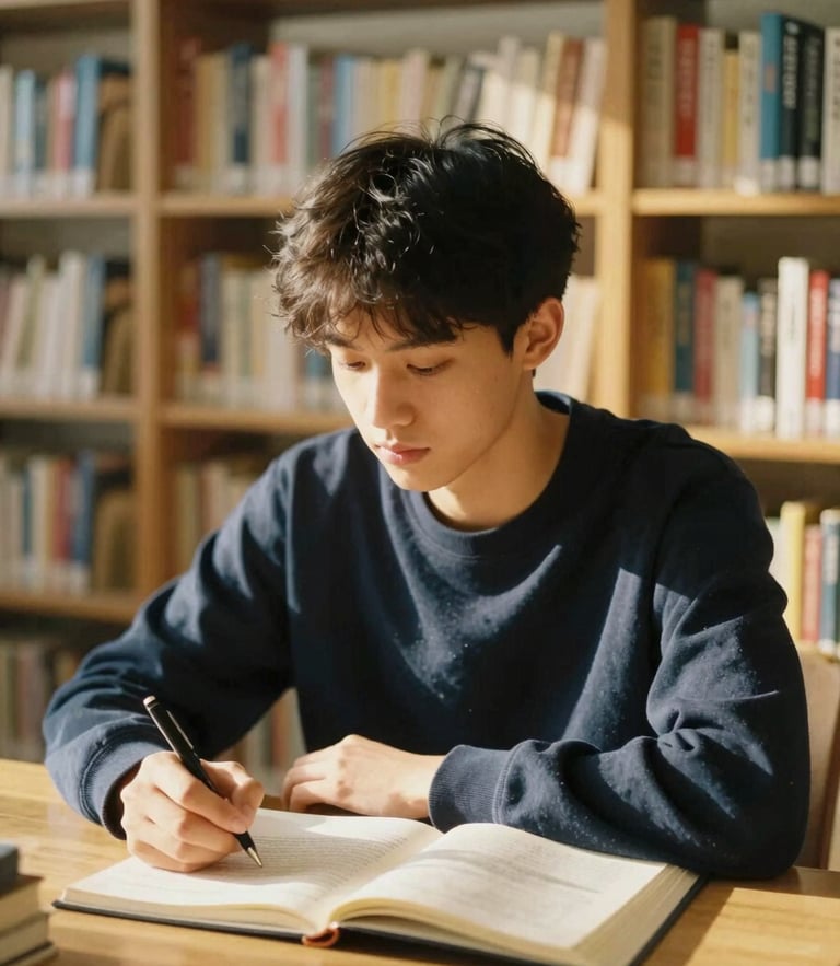 Warm environmental portrait of a young adult student studying in a sunlit library, soft golden-hour daylight, shallow depth of field, 35mm film look
