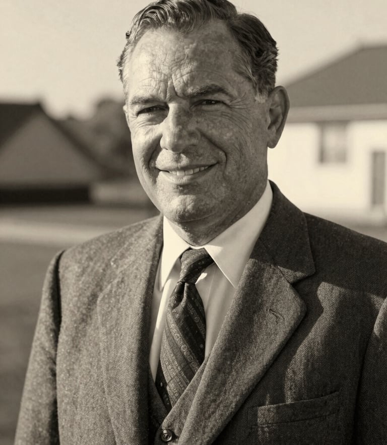A warm black-and-white archival portrait of Al Horton, smiling gently in a vintage suit, soft natural light, shallow depth of field, 35mm film grain.