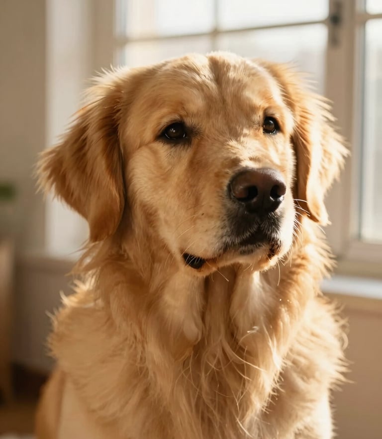 Soft-focus portrait of a gentle golden retriever in warm golden-hour window light, peaceful atmosphere, natural tones