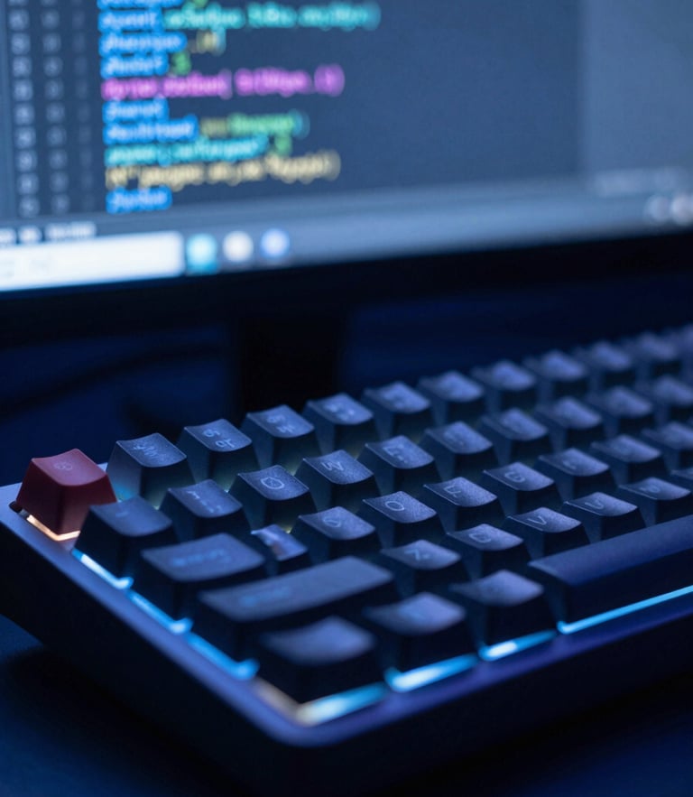 Macro shot of clean code on a mechanical keyboard monitor, cool screen glow, deep blue tones, shallow depth of field, 35mm
